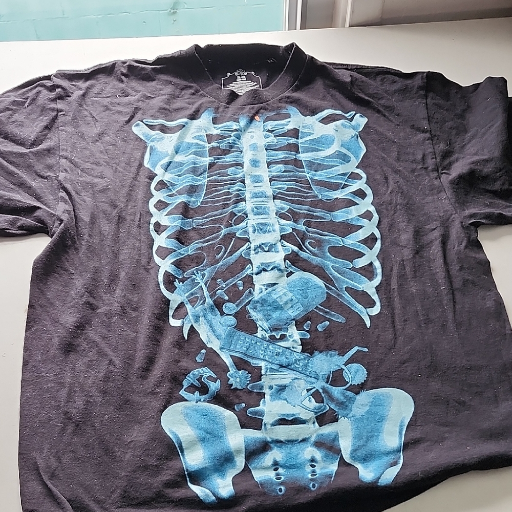 Dark Graphic Tee with Blue Skeleton Design